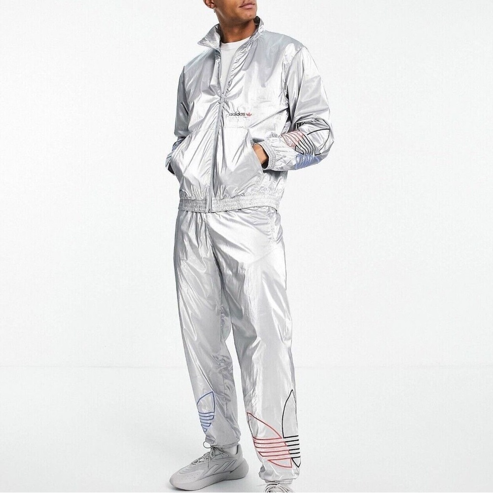 Adidas Tricolor Silver Metallic Track Suit SET - PANTS & JACKET - SMALL NWT RARE